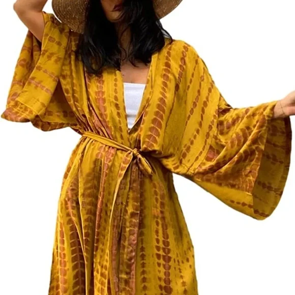 - New MUSTARD & CRAN Boho Tie Dye Kimono Maxi Beach open front long COVERUP *NEW